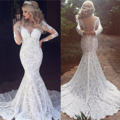 Long Sleeve Sexy Mermaid Lace Wedding Dress Open Back V-neck Classic Bridal Gown