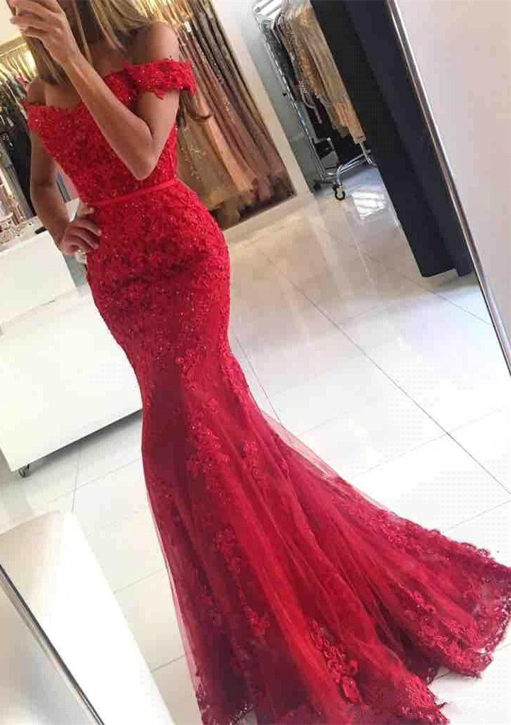 Appliques Off-the-shoulder Red Lace Gorgeous Mermaid Evening Dress UK