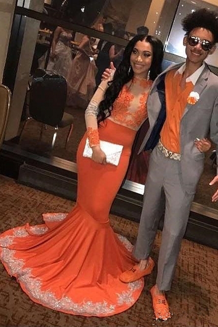 Elegant Mermaid Long Sleeves Appliqued Floor Length Prom Dress UK UKes UK