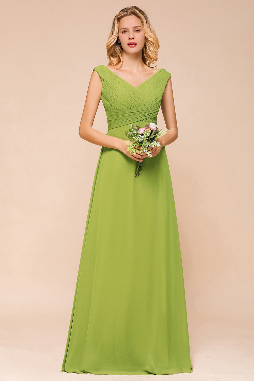 Chic V-Neck Sleeveless Green Ruched Chiffon Bridesmaid Dress