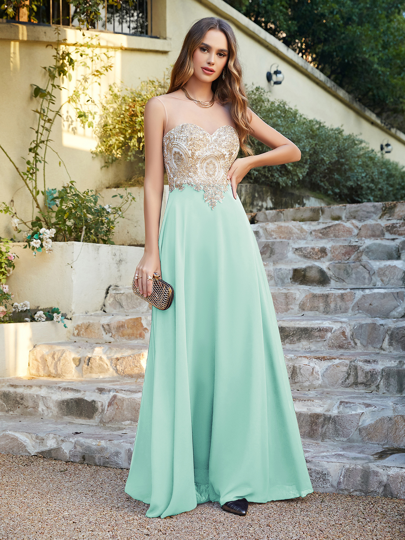 Elegant Jewel Neck Chiffon Formal Dress Floor Length A-line Lace Appliques Bridesmaid Dresses