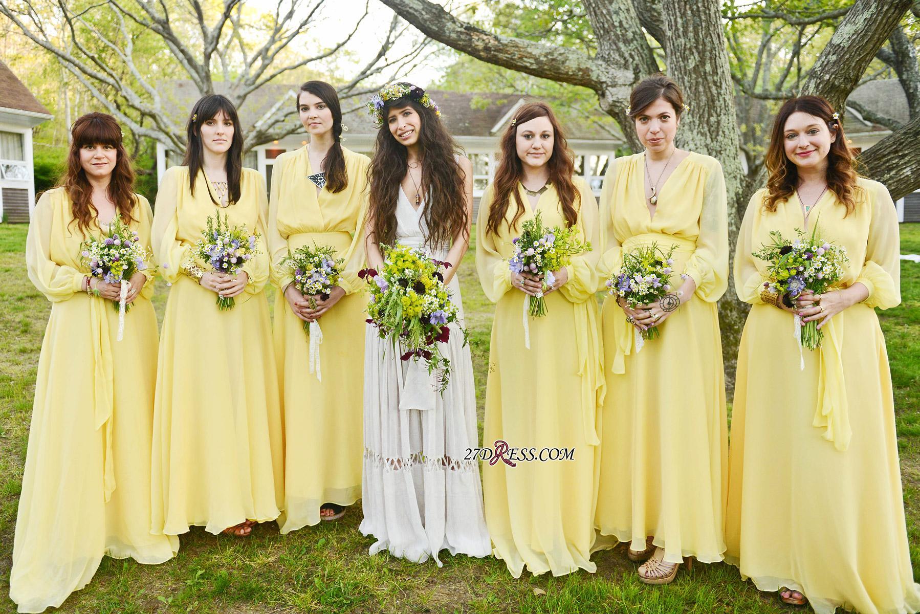 Chiffon Chic Long-Sleeve V-Neck Yellow Bridesmaid Dress UK