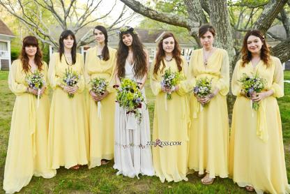 Chiffon Chic Long-Sleeve V-Neck Yellow Bridesmaid Dress UK