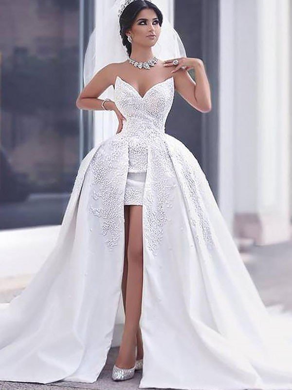Sweetheart Beads Satin Ball Gown Sleeveless Wedding Dresses UK