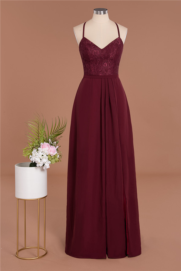 Exquisite Burgindy V-Neck Lace Side Split Long Bridesmaid Dresses
