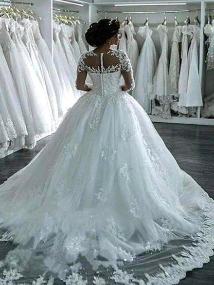 Scoop Neckline Applique Long Sleeves Ball Gown Tulle Wedding Dresses UK
