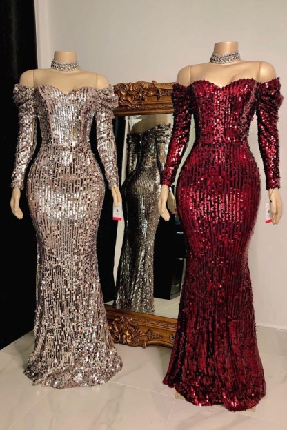 Sweetheart Off-the-shoulder Long Sleeves Sequins Mermaid Prom Dresses