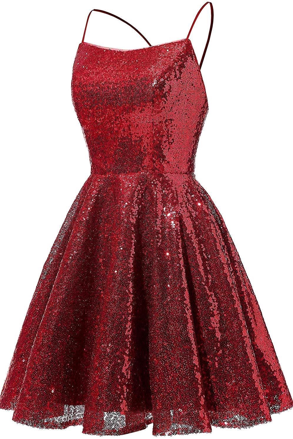 Sparkly Sequins Short Homecoming Dresses Spaghetti Straps Burgundy Party Dress