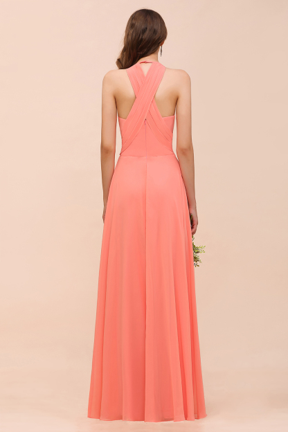 Coral Bridesmaid Dress Ruffle Chiffon V-Neck Long Wedding Guest Dress