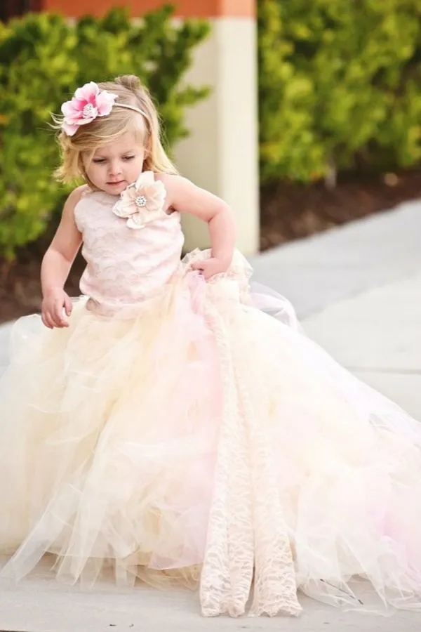 Lovely Sleeveless Tulle Flower Girl Dress With Long Train And Flowers