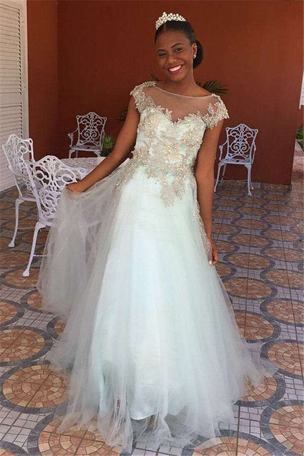 Princess Jewel Lace Appliques Prom Dress UKes UK Sleeveless Tulle Evening Dress UKes UK with Beads