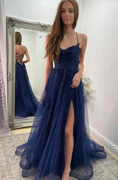 Sexy Halter Navy Blue Tulle Lace Evening Party Dress Side Split Prom Dress-27Dress.co.uk