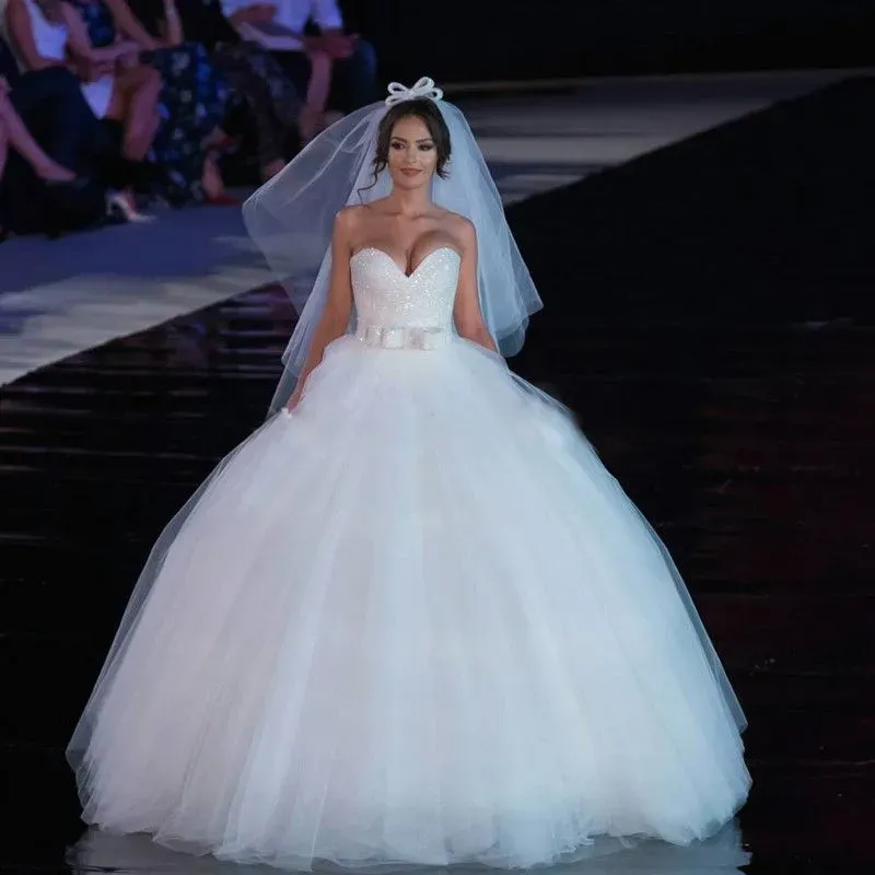 V-neck Tulle Sequins Wedding Dress Ball Gown Bowknot