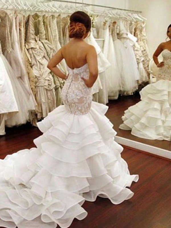 Organza Sleeveless Ruffles Sweetheart Applique Lace Sexy Mermaid Wedding Dresses UK-27Dress.co.uk