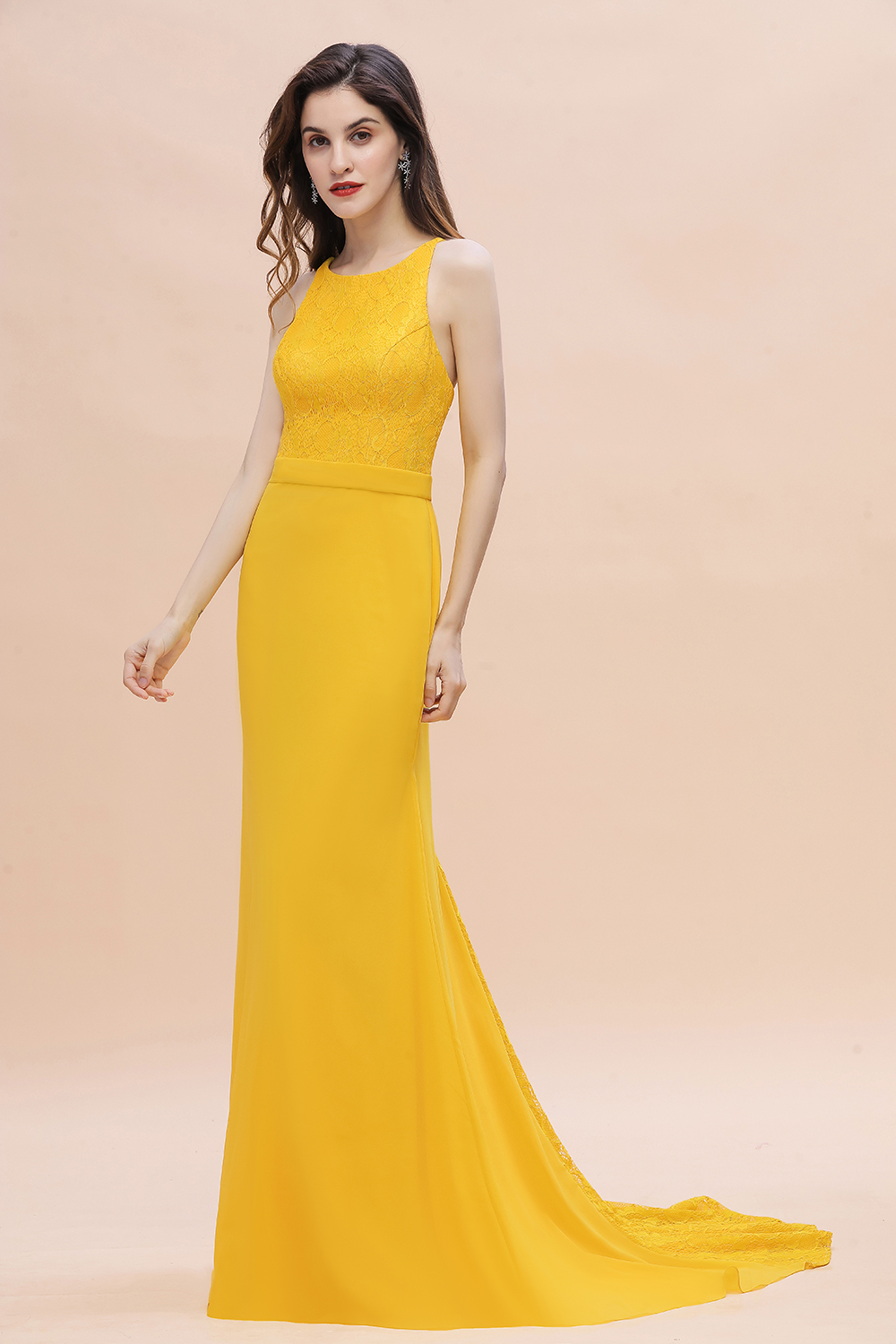 Jewel Neck Mermaid Bridesmaid Dress Yellow Lace Chiffon Long Wedding Party Dress