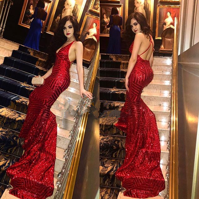Elegant Red Sequins Prom Dress UK | Mermaid Party Gowns BA9043