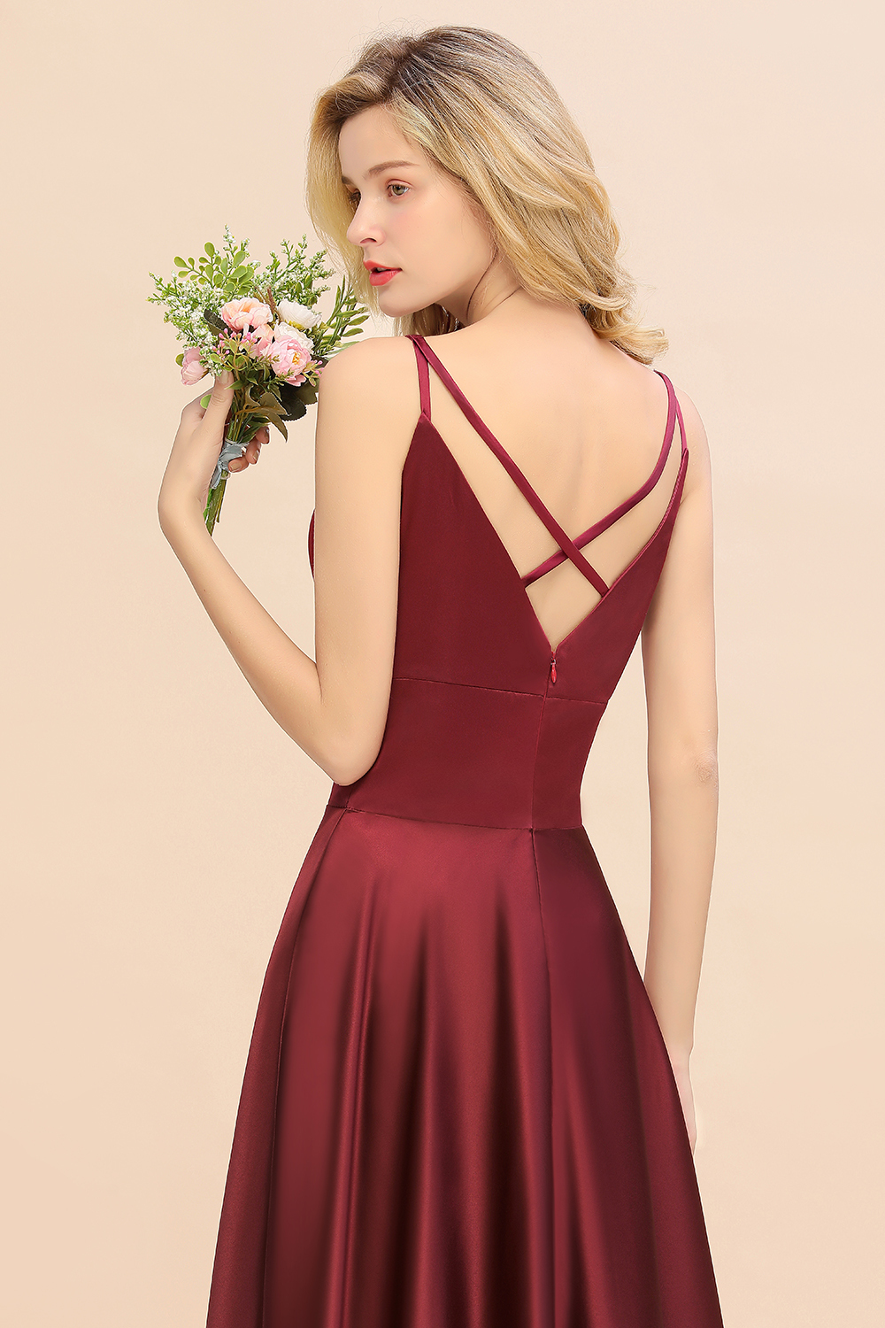 Spaghetti Straps Burgundy Satin Long Bridesmaid Dress Simple V-Neck Party Dress
