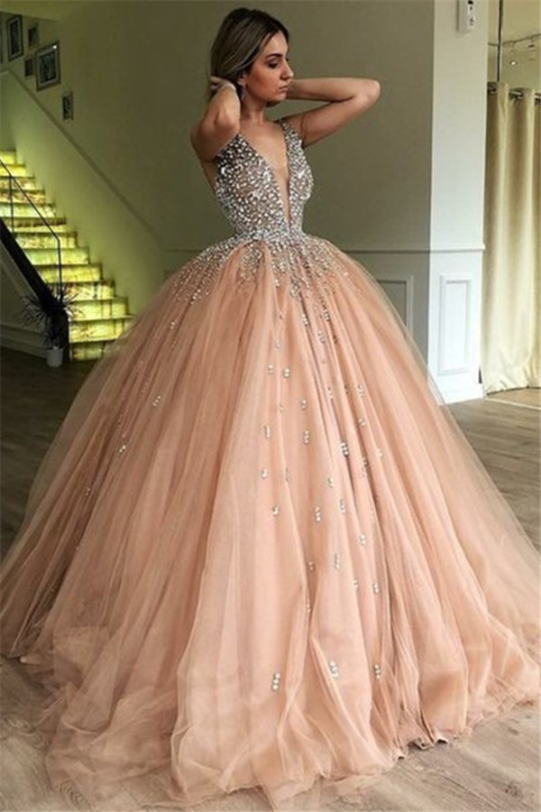 Chic V-Neck Straps Sleeveless Crystals Tulle Ball Gown Prom Dress UKes UK UK