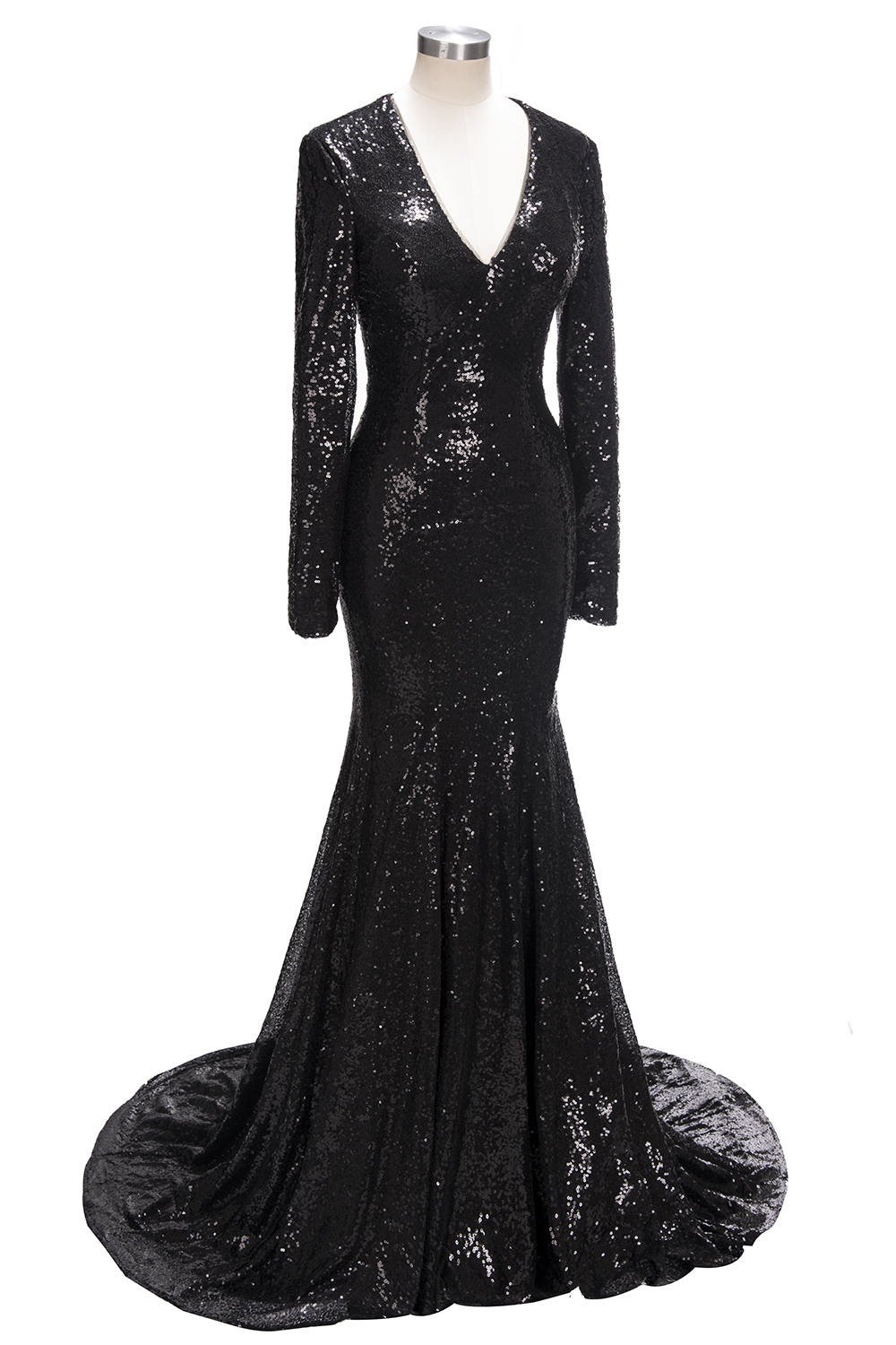 Black sequins prom Dress UK Long sleeve mermaid evening gowns V-Neck