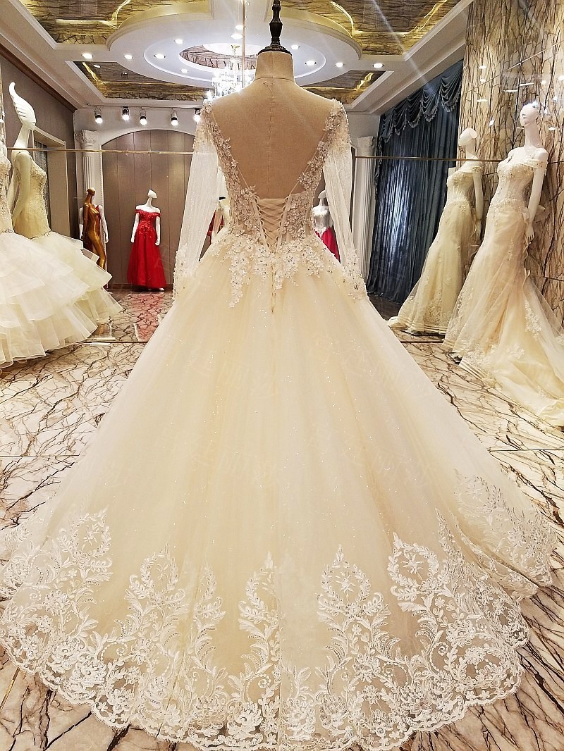 Ball Gown Long Sleeves Appliques Tulle Lace-up Wedding Dresses UK