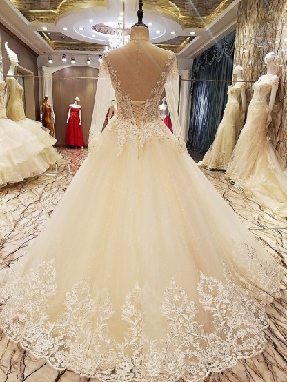 Ball Gown Long Sleeves Appliques Tulle Lace-up Wedding Dresses UK