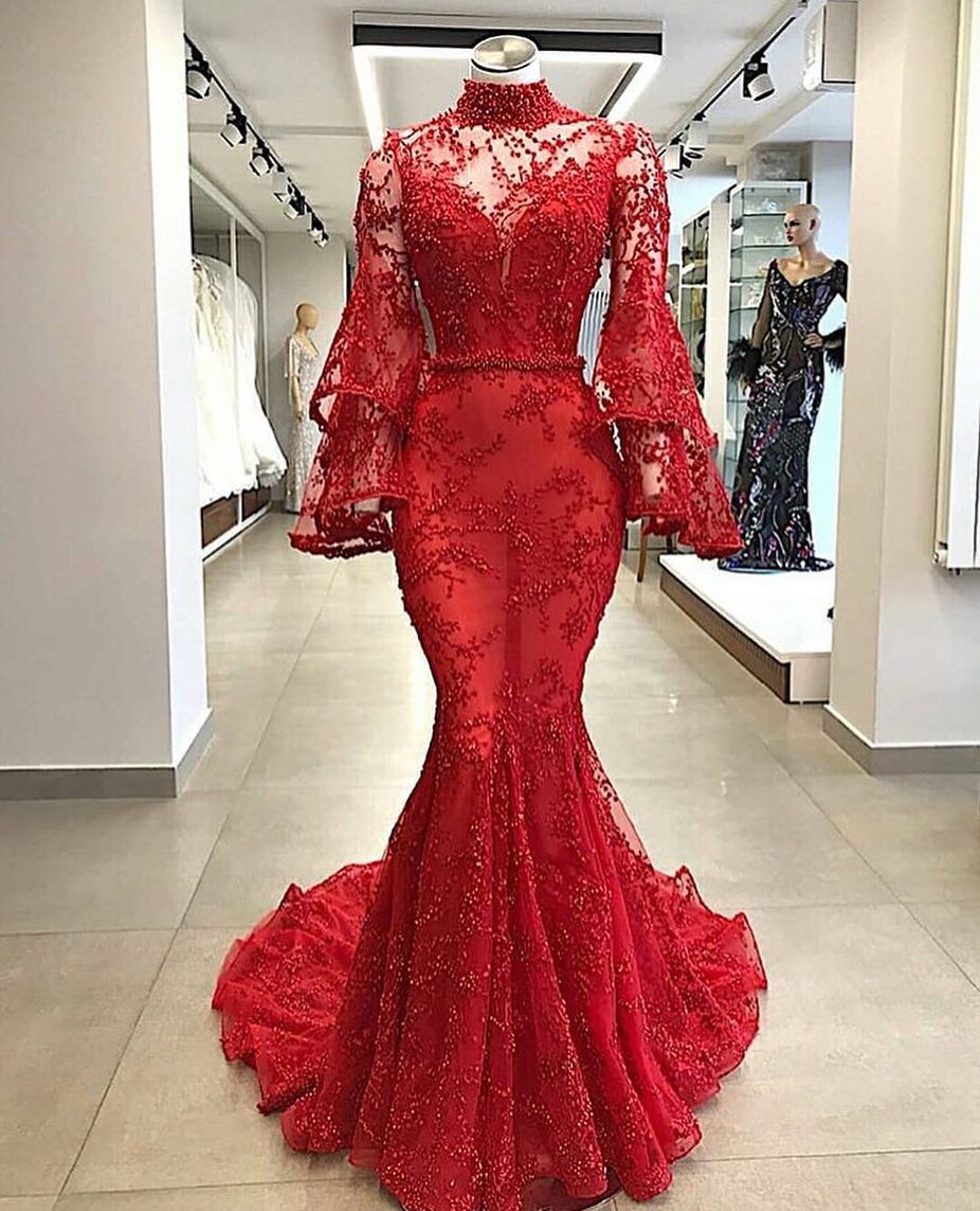 High Neck Long Sleeves Mermaid Beading Applique Chapel Train Prom Dress UK