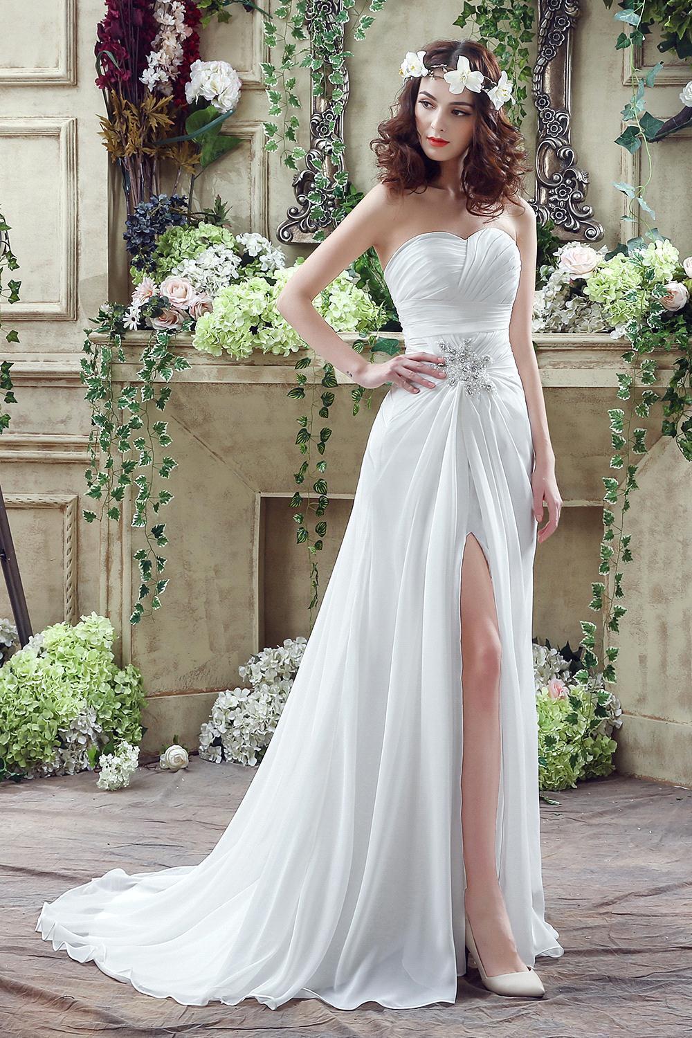 Front Split White Wedding Dress Beadss Sweetheart Sleeveless
