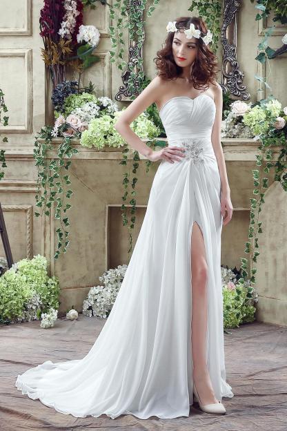 Front Split White Wedding Dress Beadss Sweetheart Sleeveless