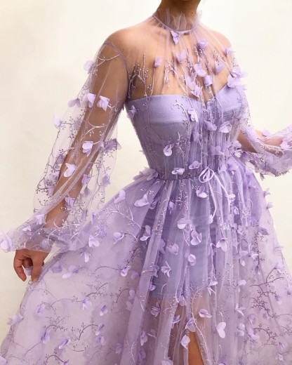 Tulle High Neck Sexy Slit Evening Dress UK Cheap | Stylish Appliques Flowers Long Sleeve Prom Dress