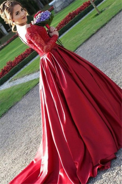 Red Lace Off-the-Shoulder Prom Dress UKes UK Long Sleeves Ball Gown Evening Dress UKes UK