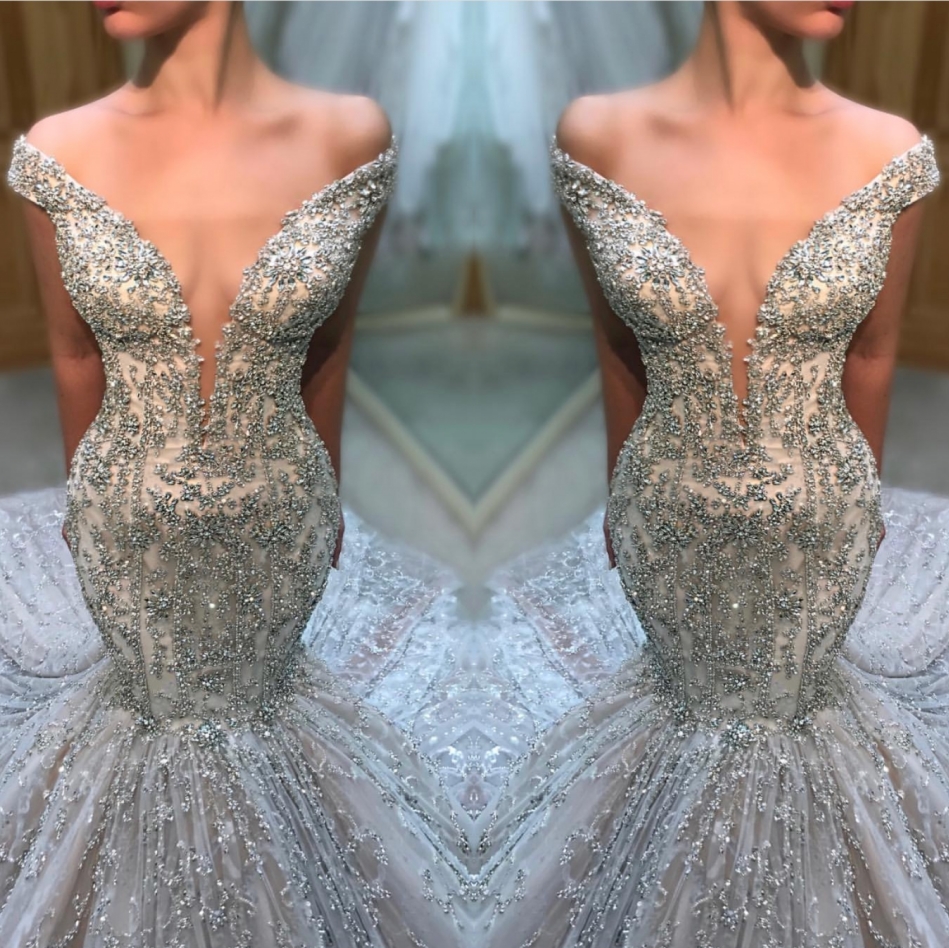 Fashion Off-the-Shoulder Tulle Beads Sexy Mermaid Court Train Wedding Dress