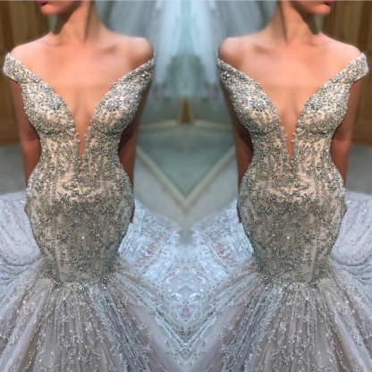 Fashion Off-the-Shoulder Tulle Beads Sexy Mermaid Court Train Wedding Dress