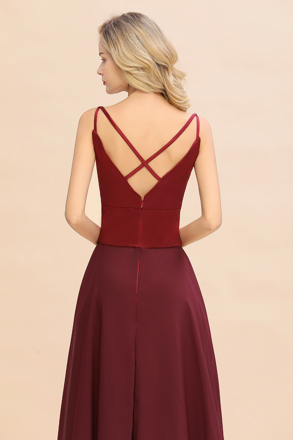 Elegant Spaghetti-Straps Burgundy Long Satin Bridesmaid Dress