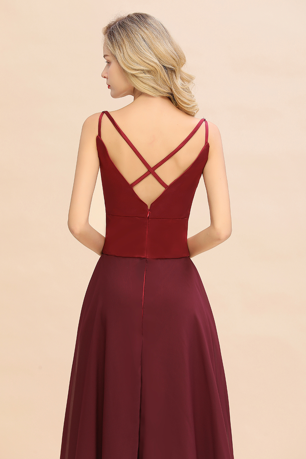 Elegant Spaghetti-Straps Burgundy Long Satin Bridesmaid Dress
