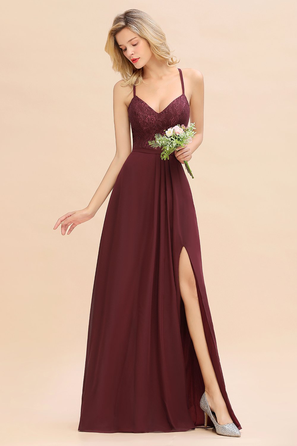 Exquisite Burgindy V-Neck Lace Side Split Long Bridesmaid Dresses