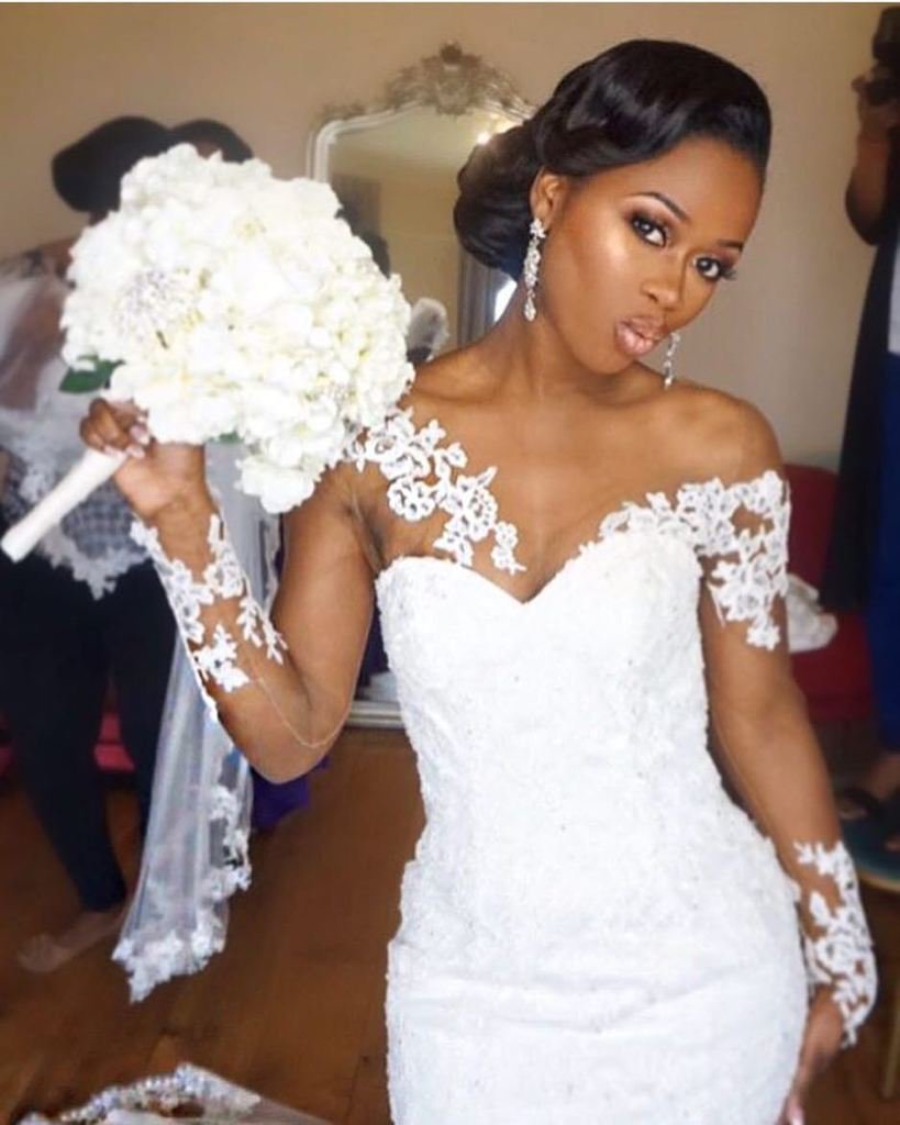 Jewel Lace Sheer-Neck Illusion Appliques Sexy Mermaid Long-Sleeve Nigeria Wedding Dresses UK