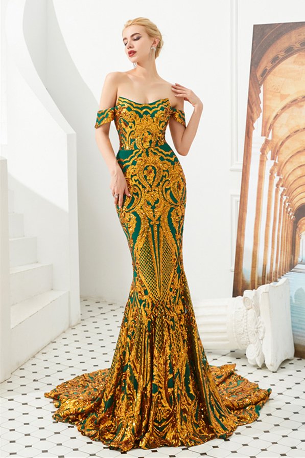Glamorous Off-the-Shoulder Glitter Sequins Appliques Long Mermaid Prom Dress