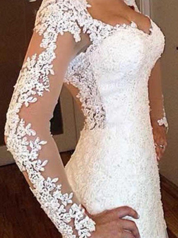 V-Neck Sweep Train Applique Lace Sexy Mermaid Long Sleeves Wedding Dresses UK-27Dress.co.uk