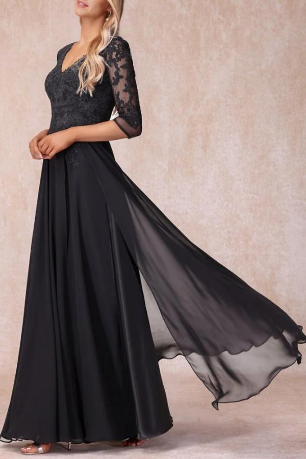 Elegant Black Mother of the Bride Dresses Long with Half Sleeves Chiffon Lace Wedding Guest Wear Dress