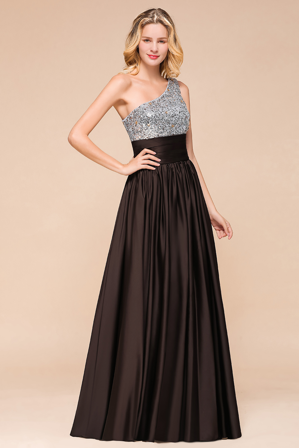 One Shoulder Glitter Seqions Long Bridesmaid Dress