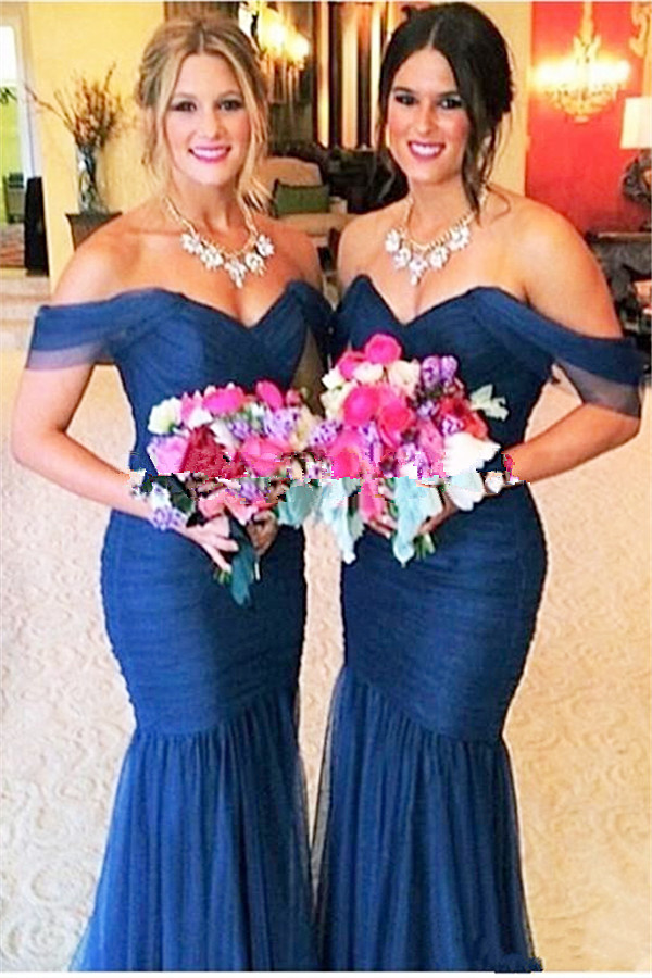 Elegant Off-shoulder Mermaid Bridesmaid Dress UK Floor-length With Tulle
