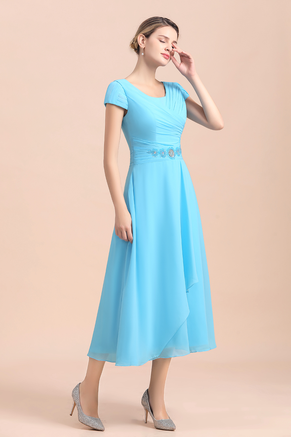 Blue Short Sleeves Chiffon Tea-Length Weddig Guest Dress