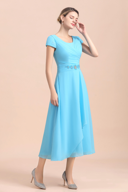 Blue Short Sleeves Chiffon Tea-Length Weddig Guest Dress