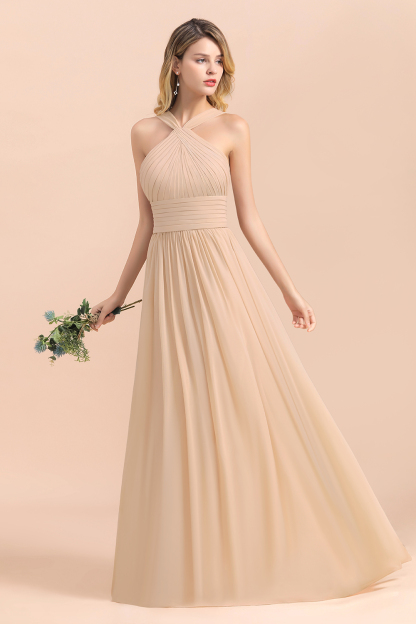 Gorgeous Halter Ruffle Chiffon Champagne Bridesmaid Dress Floor Length Wedding Party Dress
