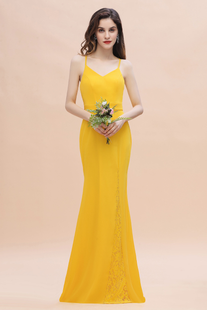 Chic V-Neck Straps Yellow Chiffon Bridesmaid Dress Sleeveless Mermaid Wedding Guest Dress