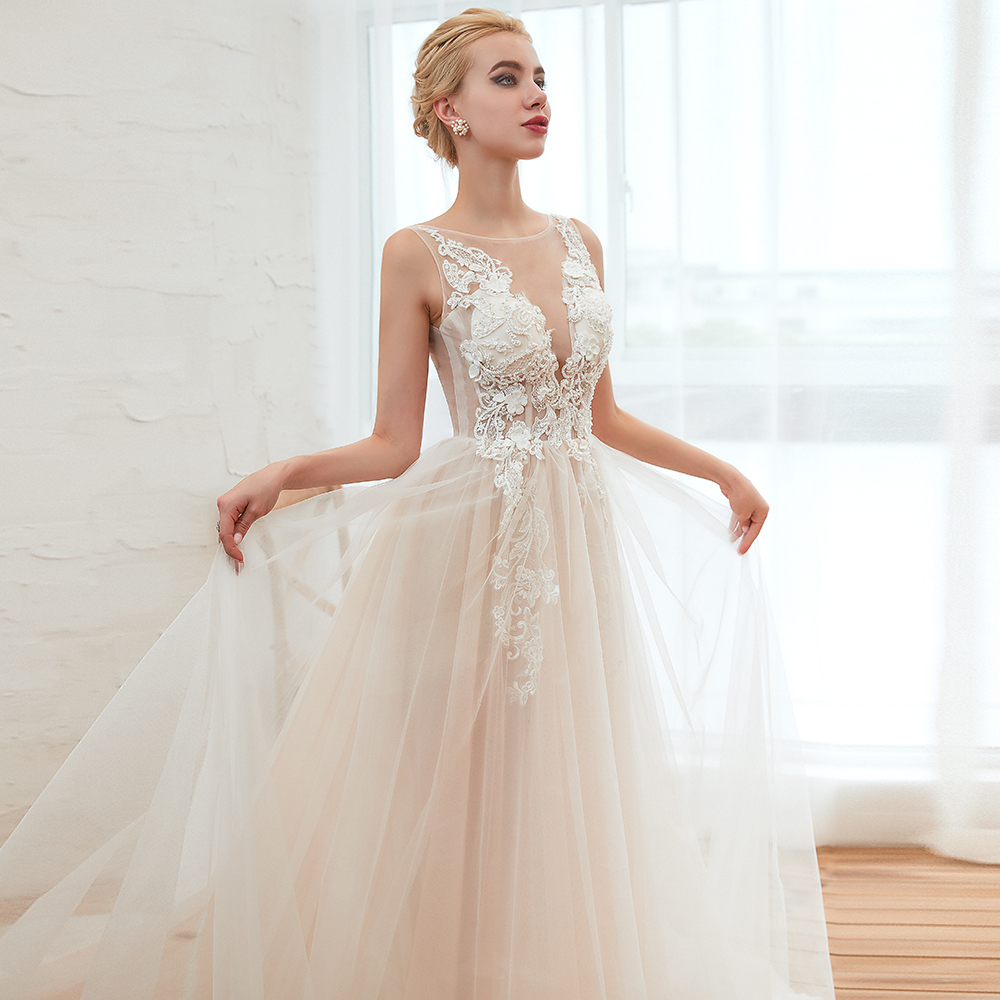 Stylish Scoop Neck ALine Wedding Dress Sleeveless Tulle Lace Bridal Gown