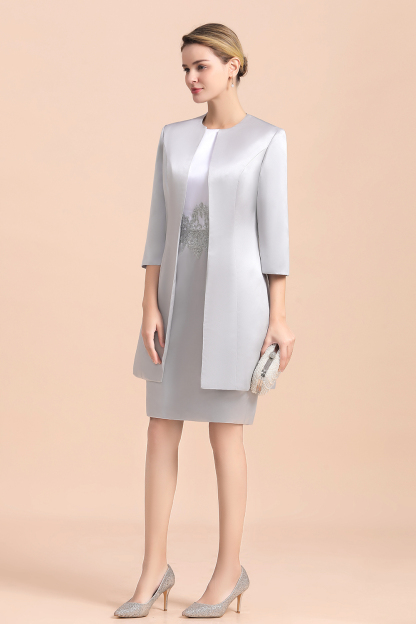 Chic Silve Short Mother Of the Bride Dress Knee-Length Wedding Party Gowns