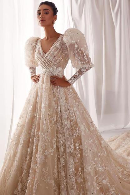 Glitter Wedding Dress with Puffy Sleees V-neck Aline Bridal Gown with Cathedral Train-27Dress.co.uk
