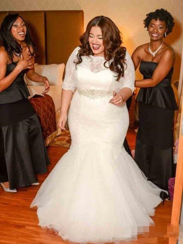 Sweep Train Off-the-Shoulder Sexy Mermaid Tulle 1/2 Sleeves Lace Wedding Dresses UK