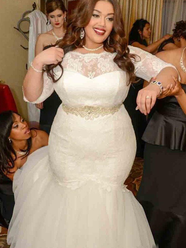 Sweep Train Off-the-Shoulder Sexy Mermaid Tulle 1/2 Sleeves Lace Wedding Dresses UK
